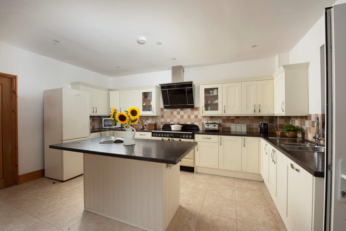 The kitchen is spacious and filled with light.