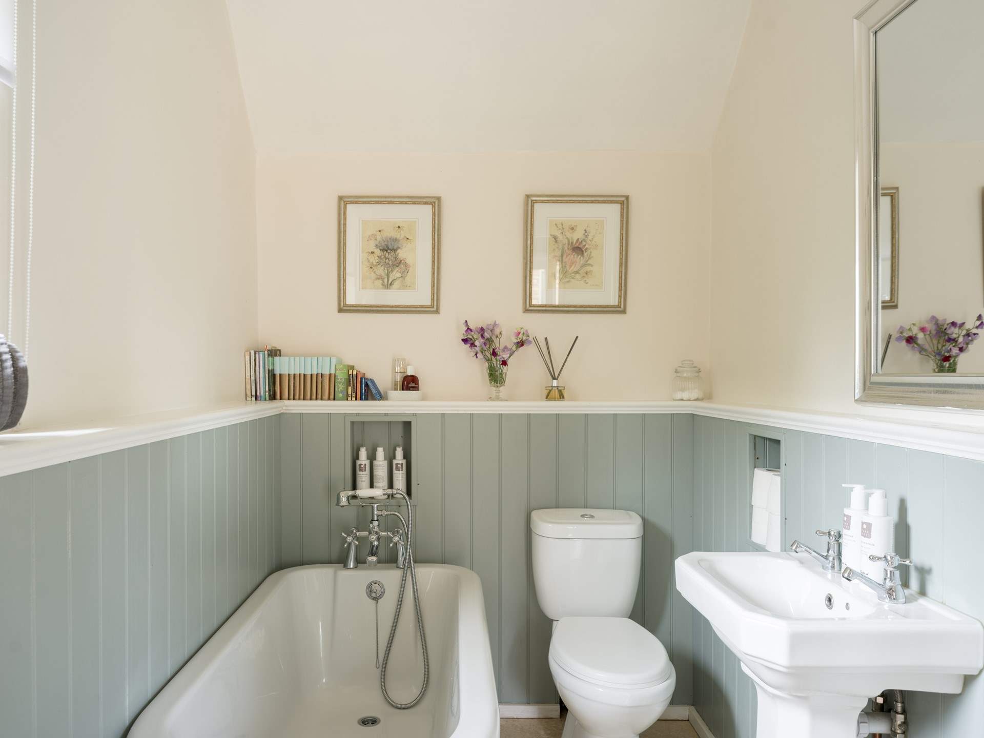 The bathroom is stylish and relaxing.