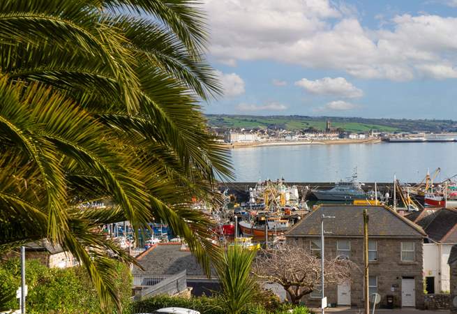 Bustling Newlyn harbour looking across to Penzance.