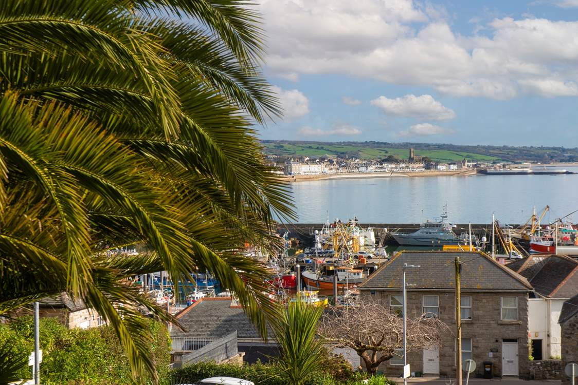 Bustling Newlyn harbour looking across to Penzance.
