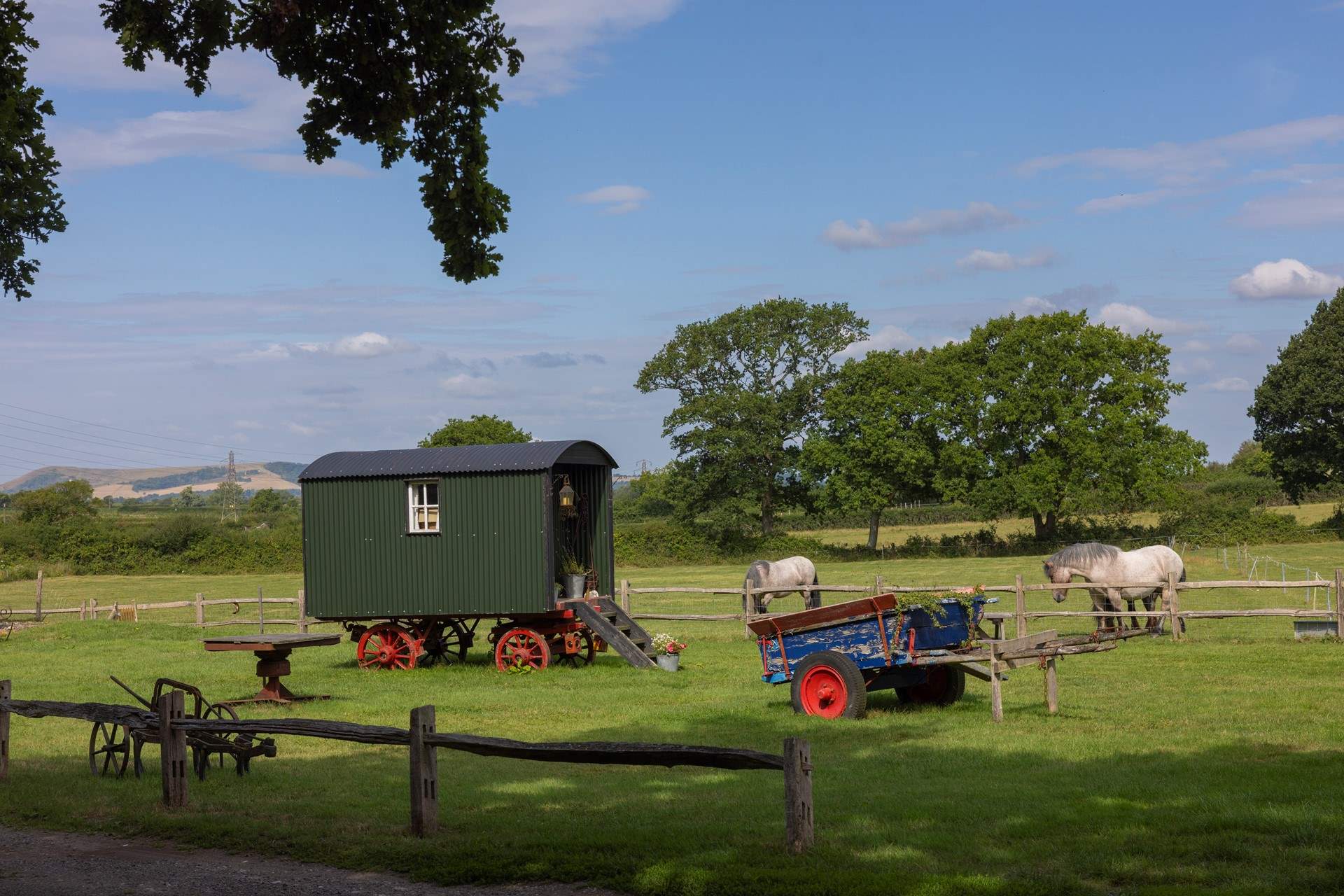 The shepherd's hut, wagon cart and horse plough are purely ornamental.  
