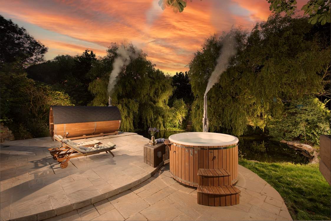 The shared spa area at twilight.