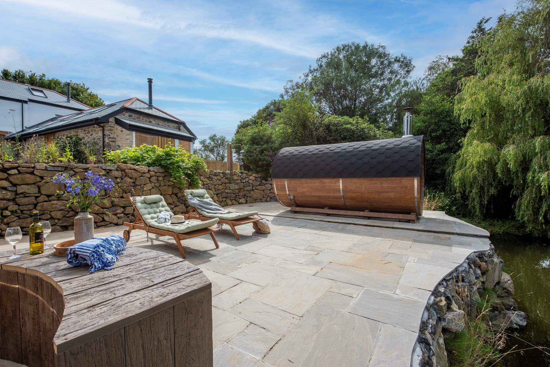 The spa patio gets sun all day long.