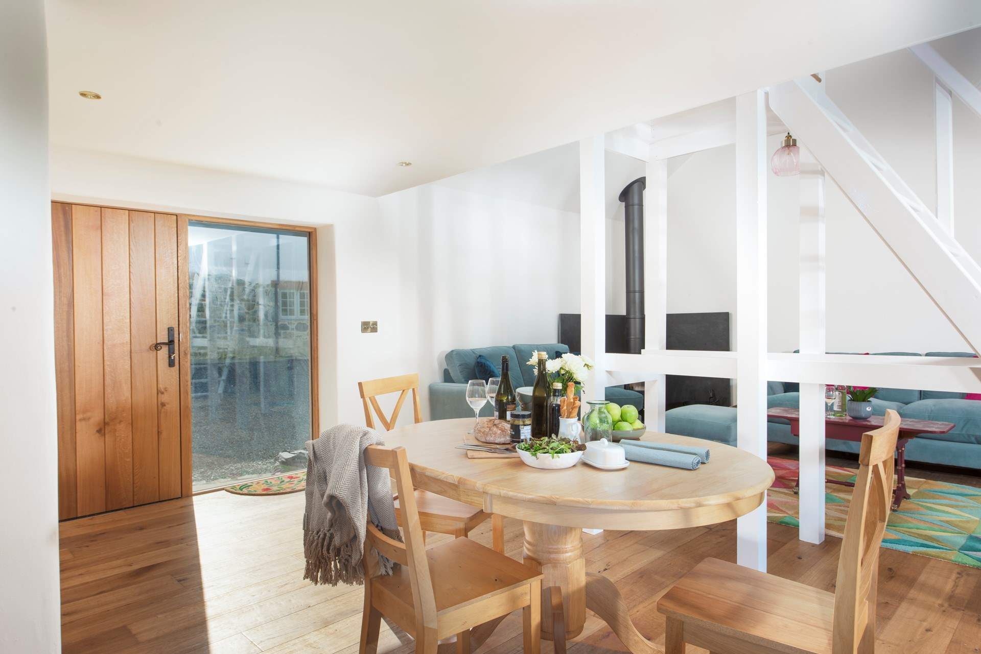 Gorgeous oak accents and light open space.