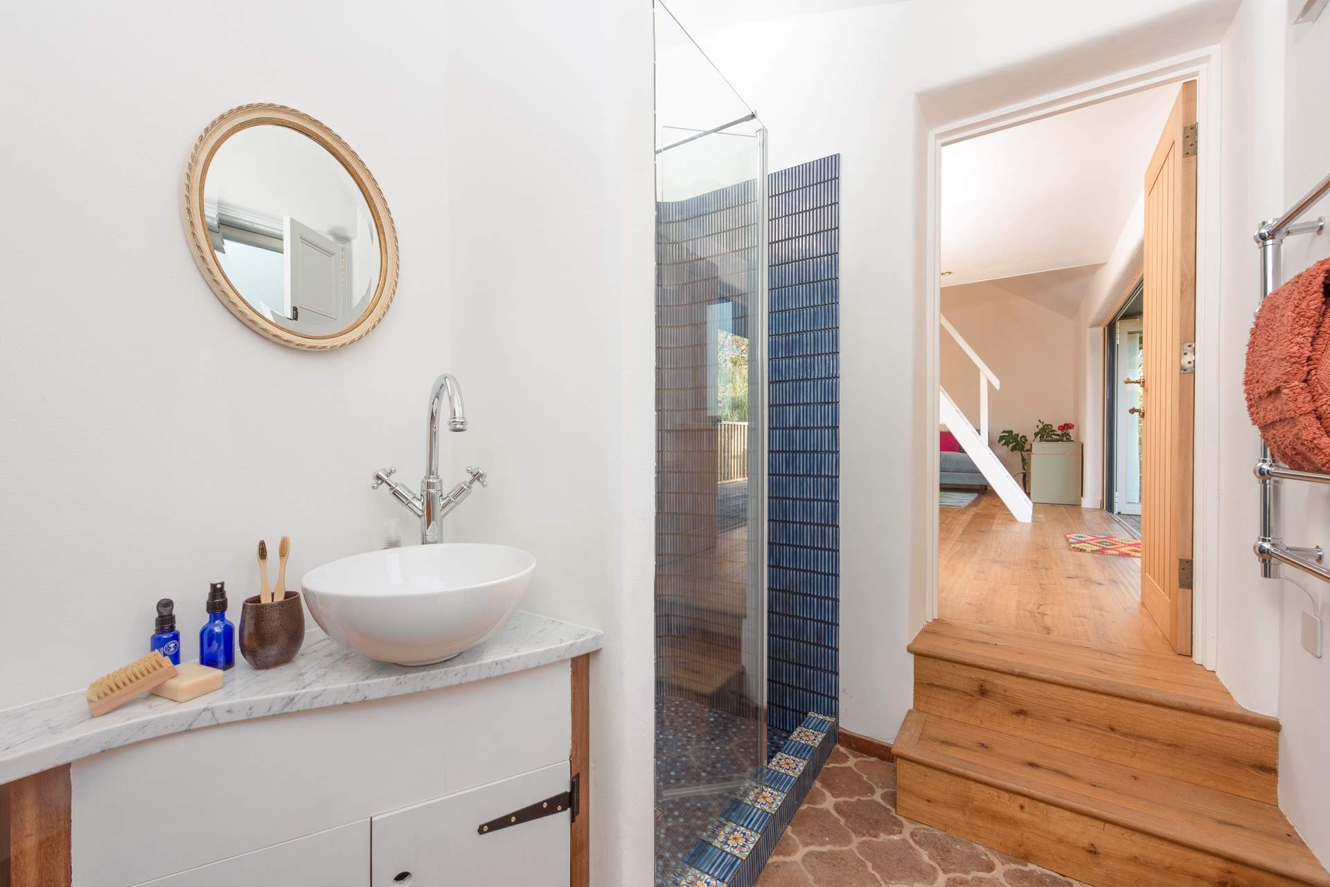 Looking through to the living space from the shower-room.