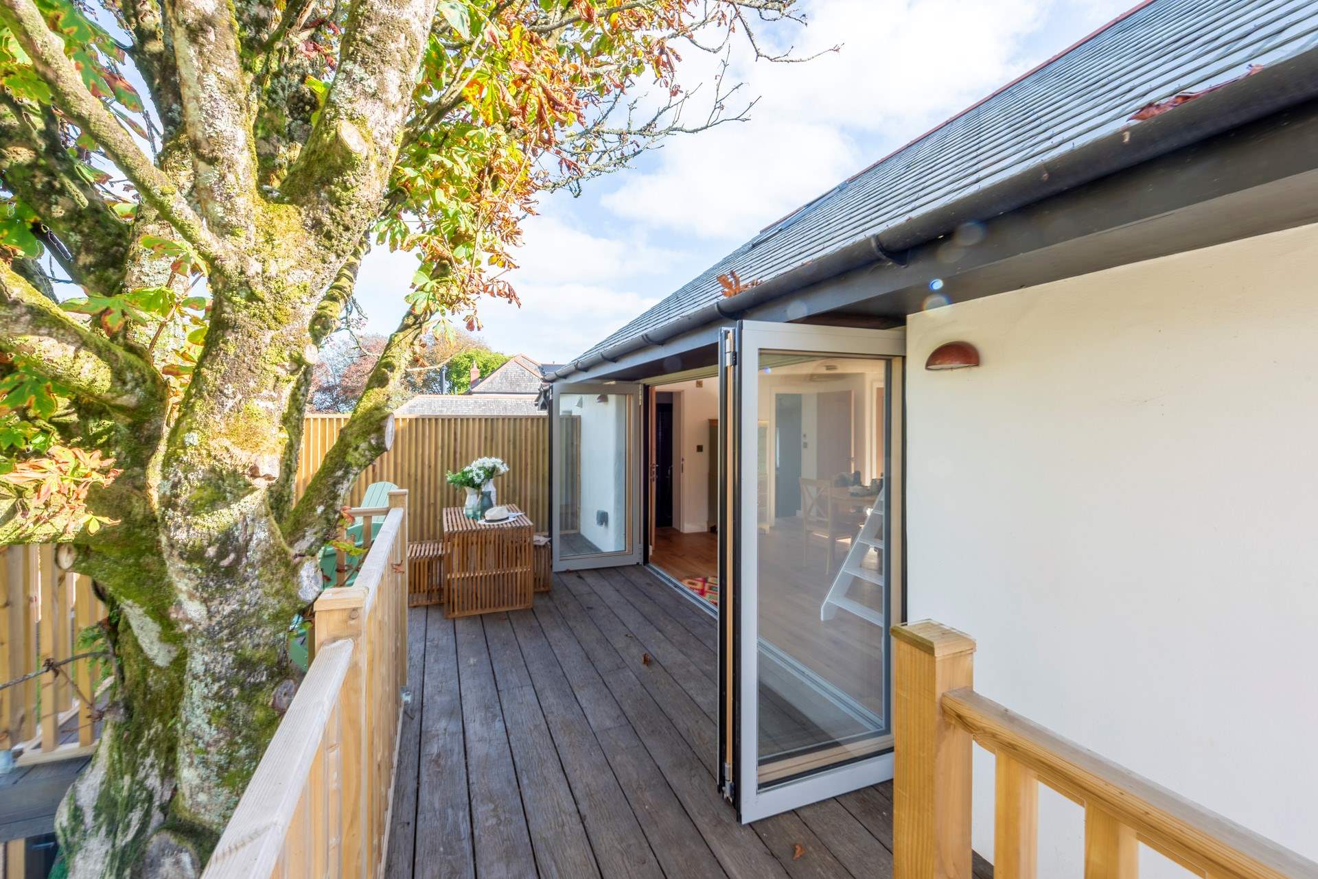 The sun deck has enormous timber beams.