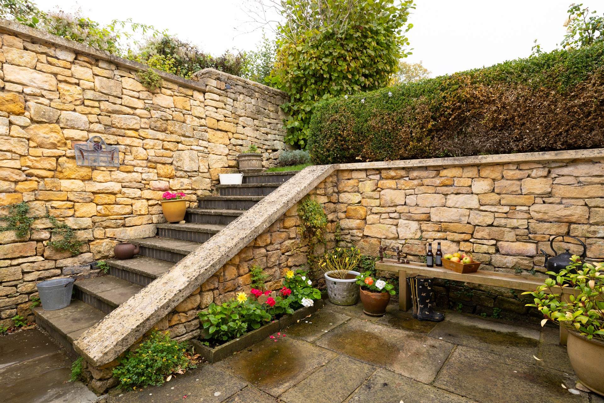 The steps lead up to the patio and the garden.