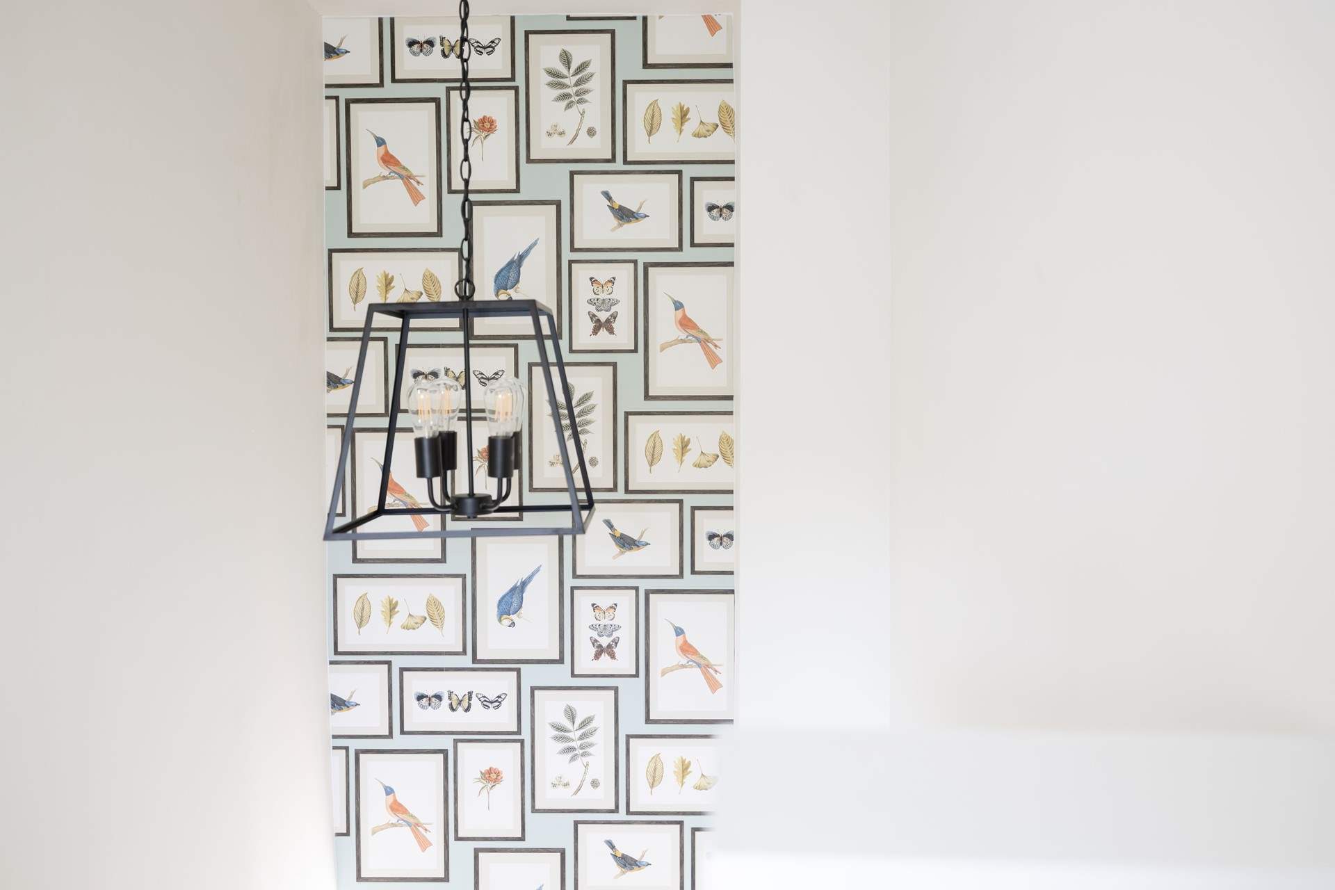 Quirky wallpaper on the staircase. 