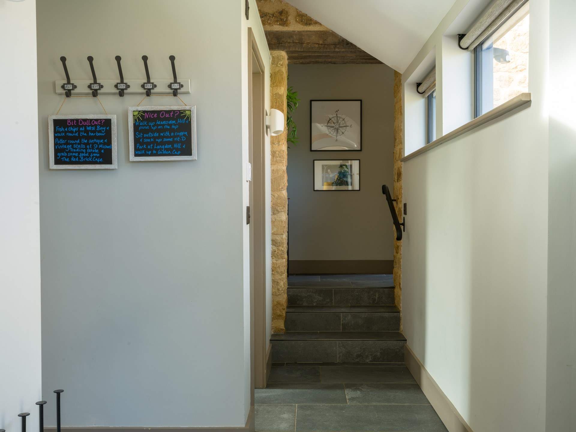 Clever little touches throughout include personalised chalkboard recommendations and local tips. Be mindful of the steps up to both bedrooms.