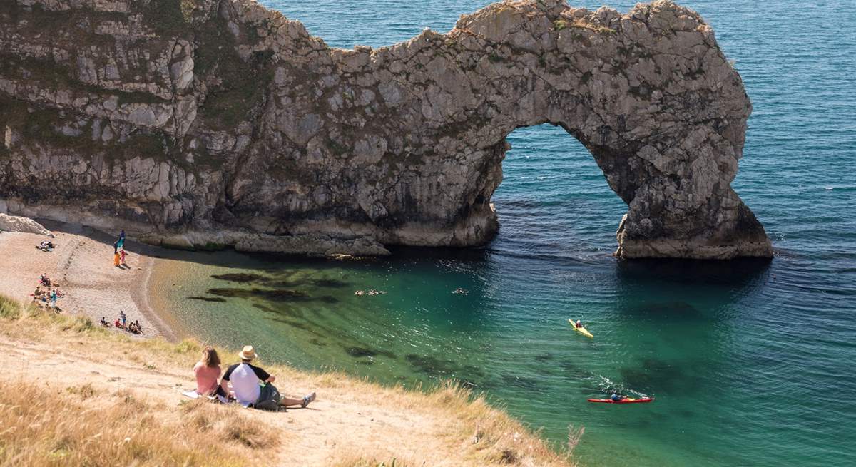 The iconic Durdle Door with Lulworth Cove close by.