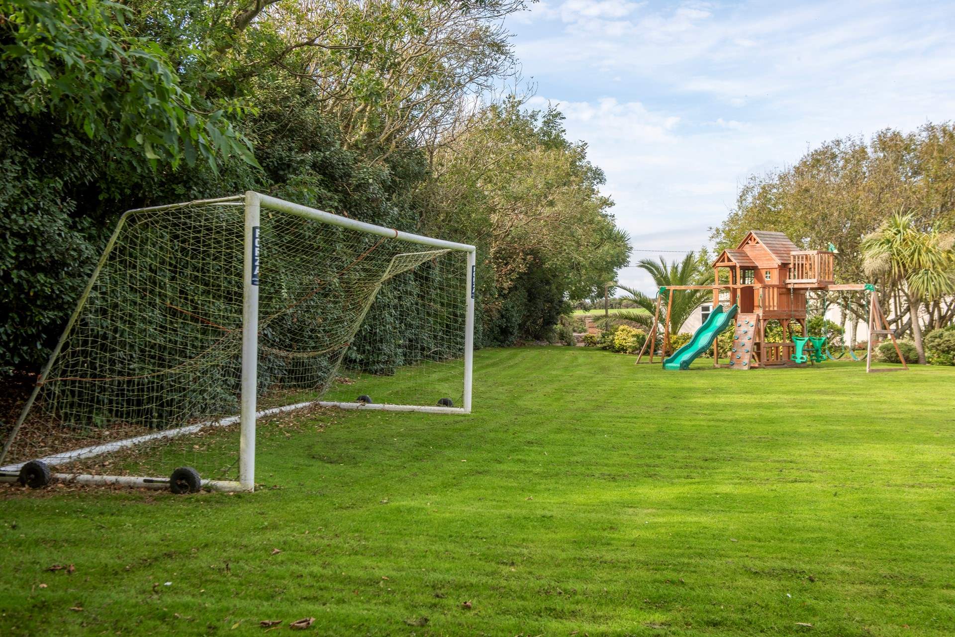 Complete with football goals.