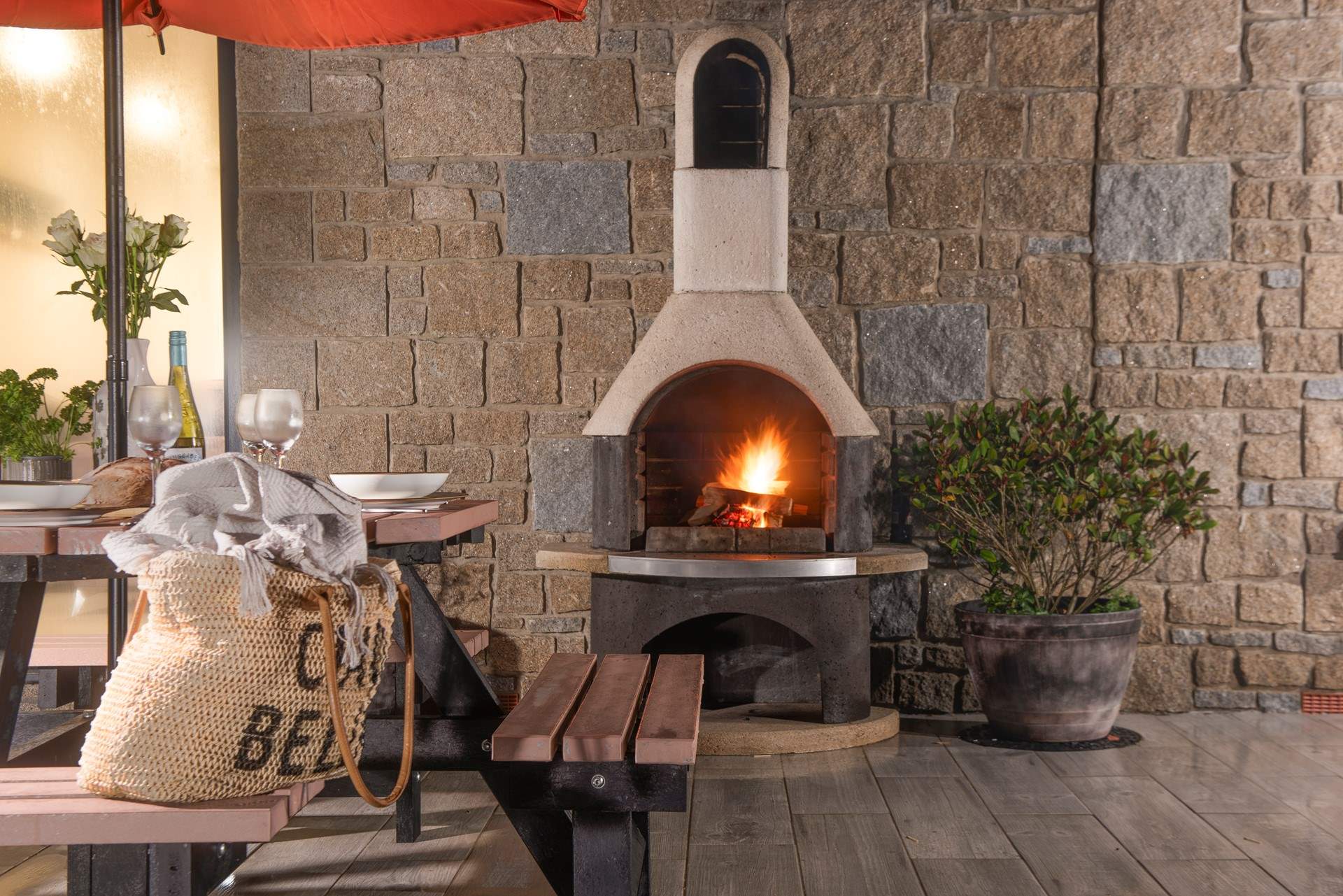 Light up the chimnea for twilight.