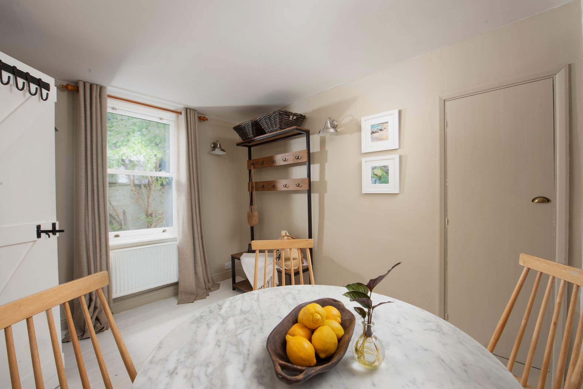 The window looks out to the courtyard.