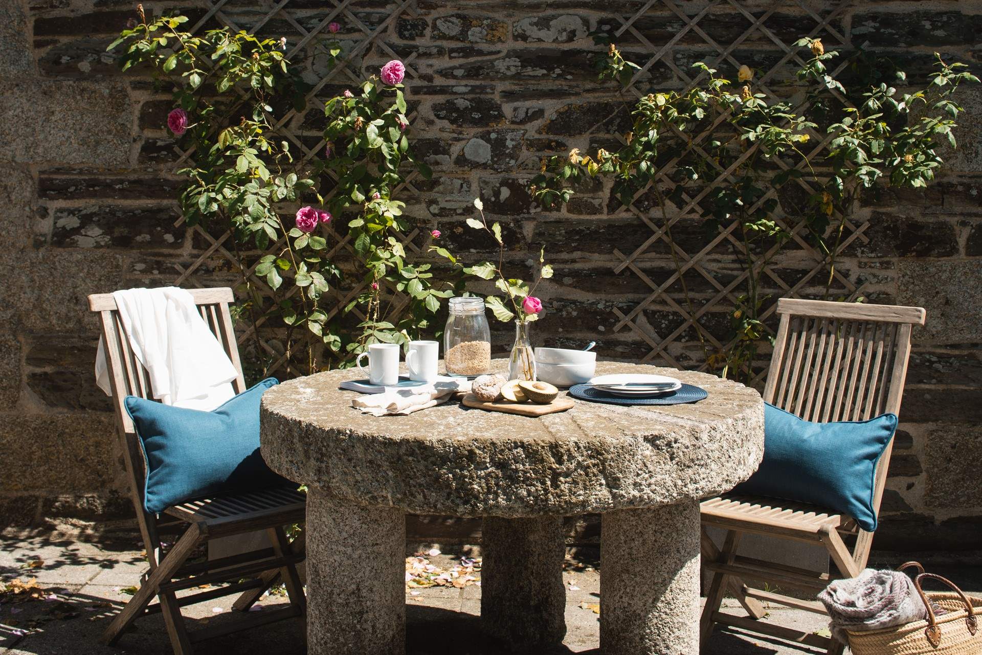 The unique millstone table, ideal for leisurely breakfasts and morning coffee.
