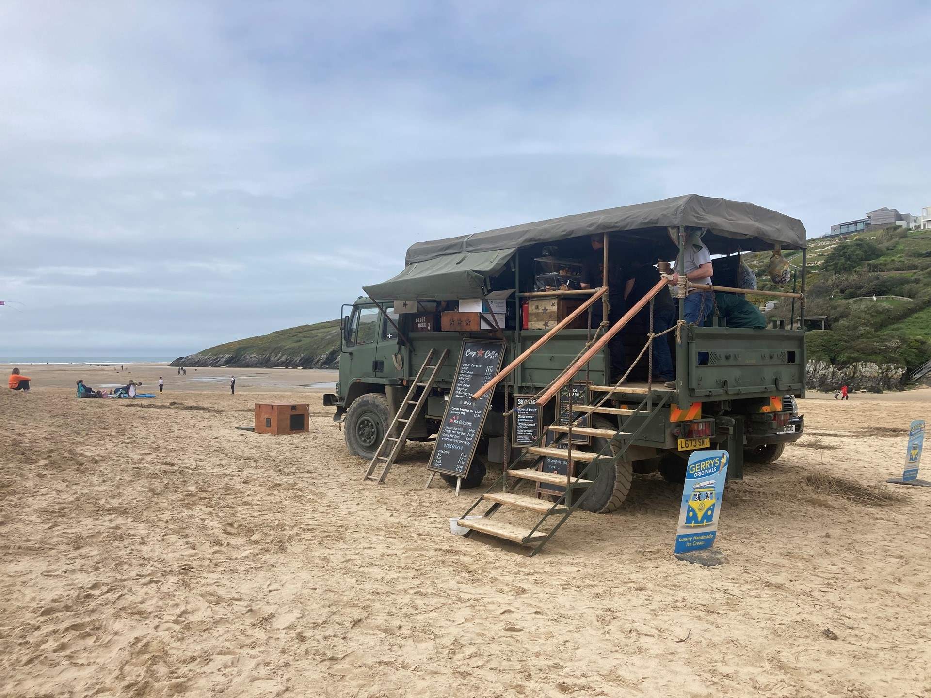 Cargo Coffee on Crantock beach: an old army truck on the beach serving great coffee, hot chocolate and cakes. 