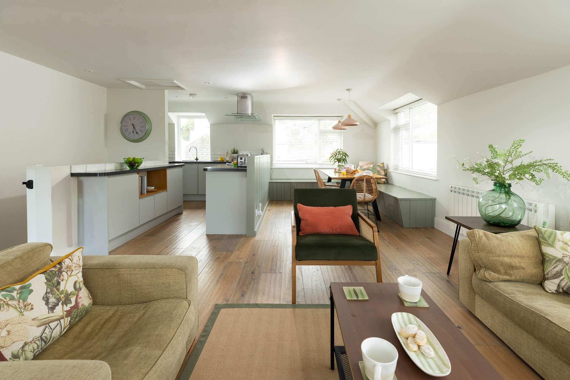 The living space is decorated and furnished in neutral colours, giving a stylish and contemporary feel. 