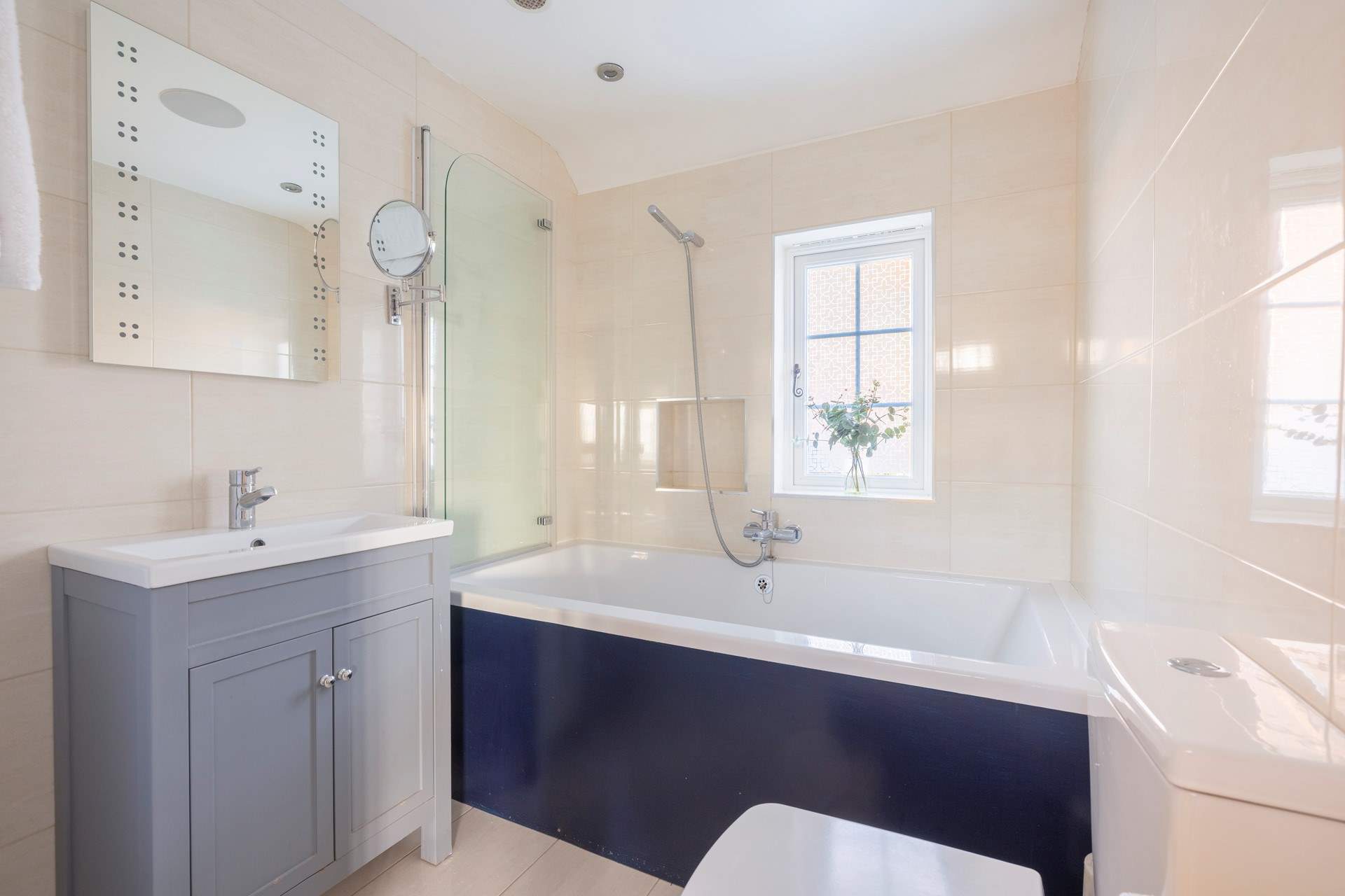 Enjoy a long soak in this deep bath.