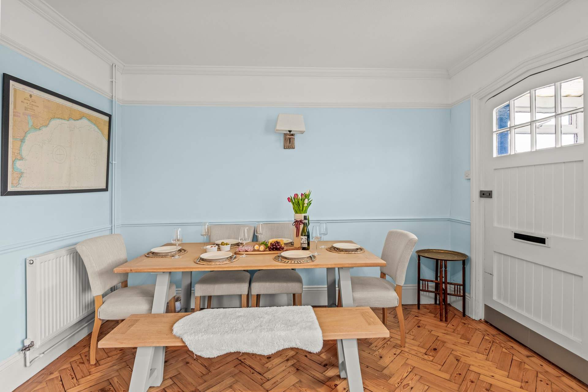 The dining-area is also spacious and bright. 