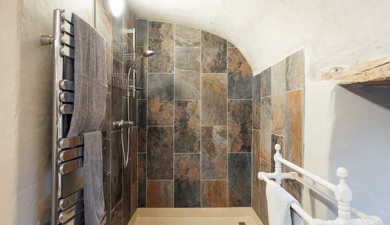 The luxurious walk-in shower is extremely spacious. 