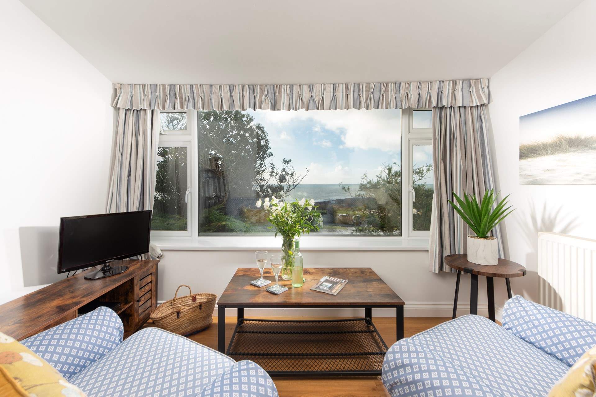 Peaceful inside with blue seas outside.