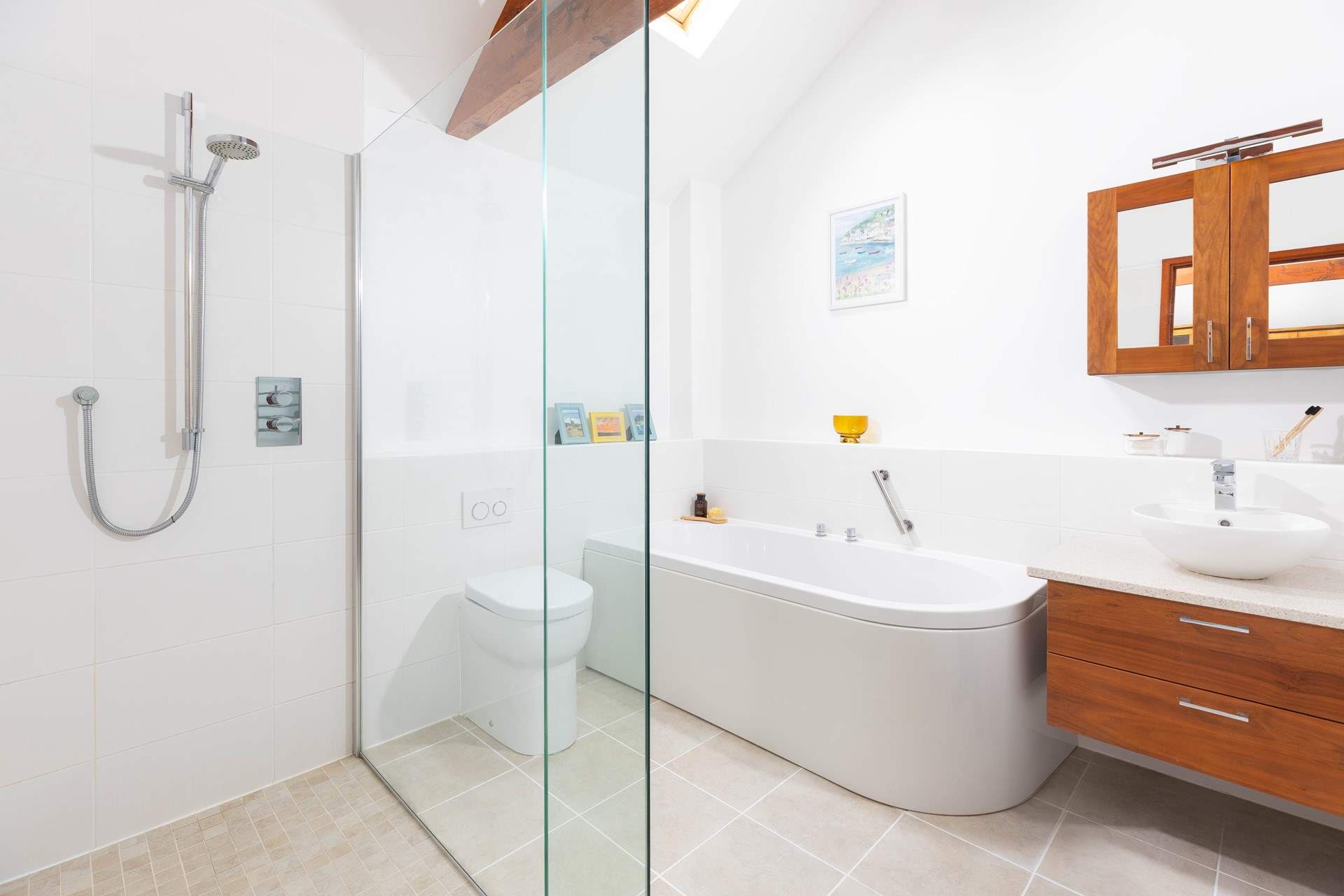 The en suite to the principal bedroom has a walk-in shower and separate bath  - what a luxury. It also has a raised toilet for easier access. 