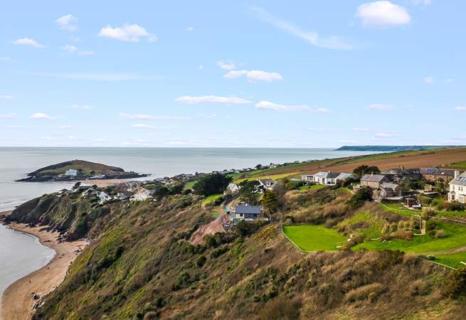 What a fabulous elevated shot, displaying Mount Folly Farmhouse to the right (white house) and Burgh Island to the left (just across the sand). You really are that close!