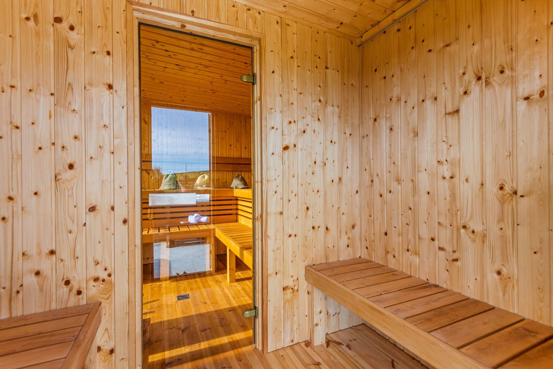 Strip off your layers and step into the stunning sauna.
