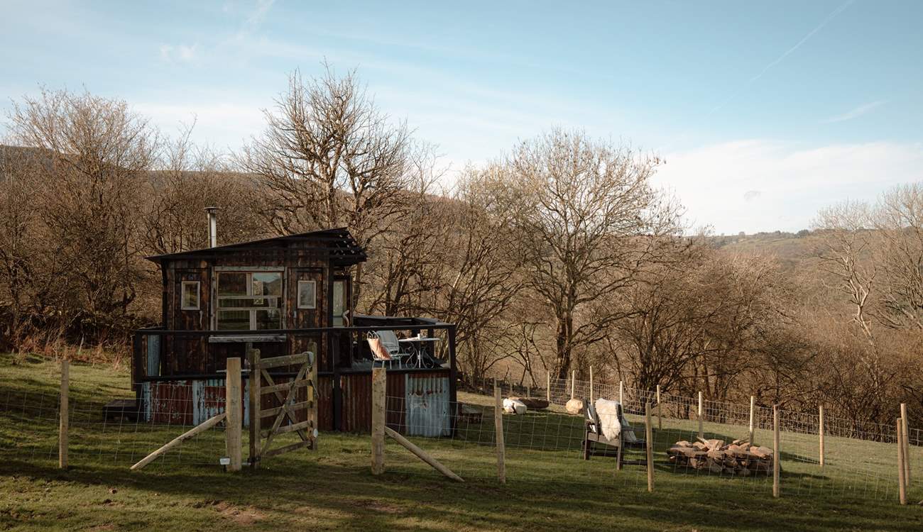 The cabin sits within its own enclosed garden, where friendly neighbouring sheep graze quietly beyond the fence.