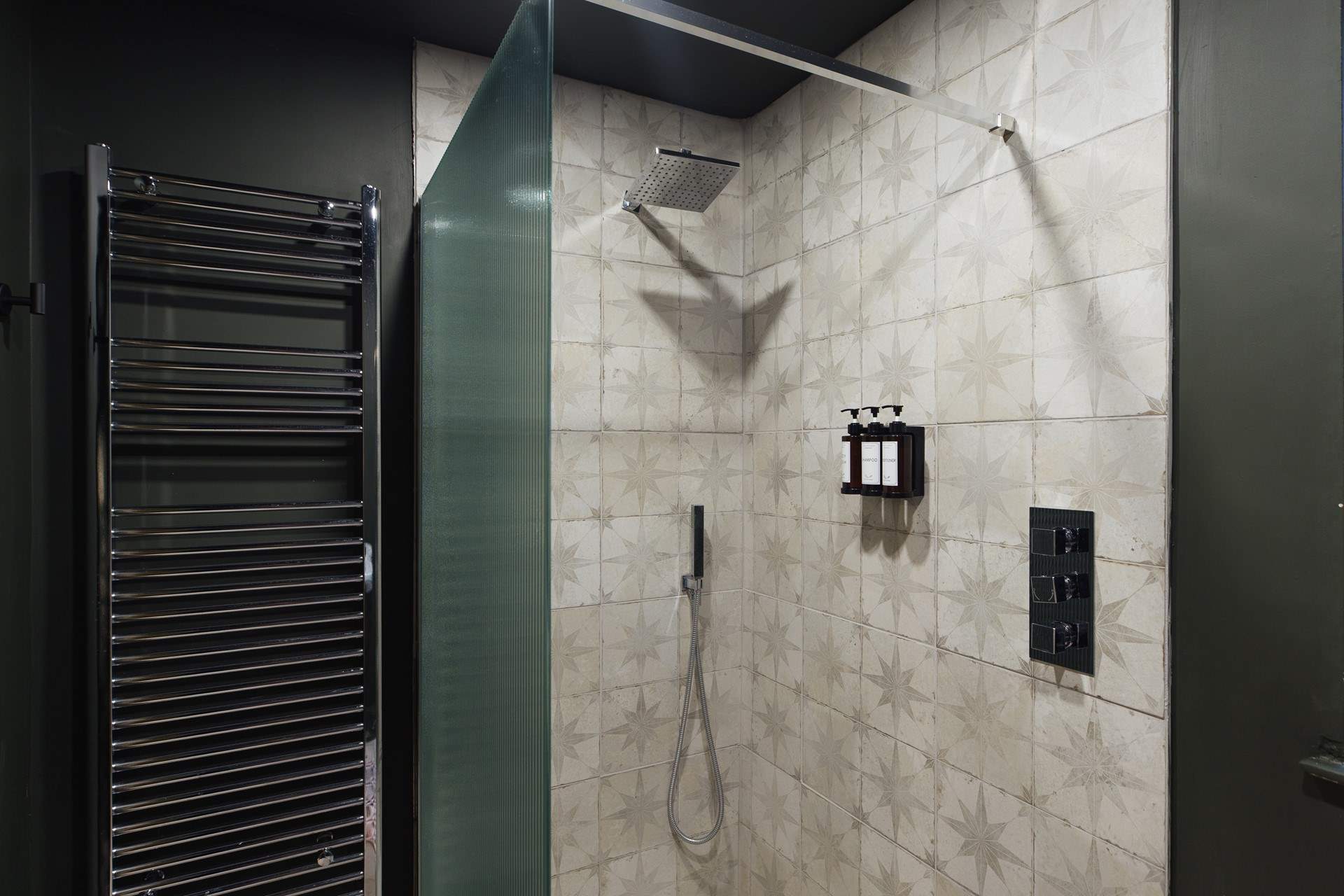 Soothing hot shower after hiking in the mountains. 