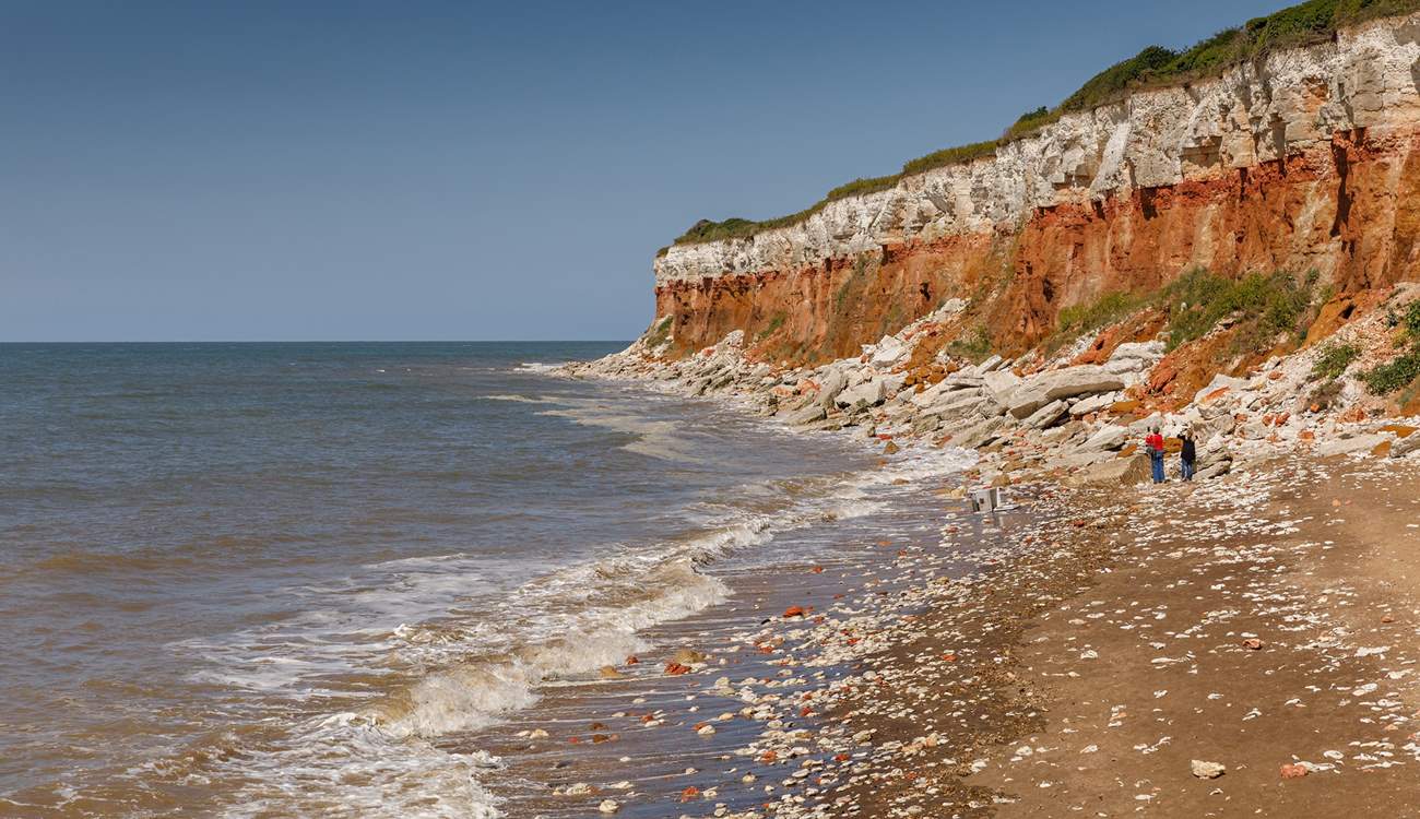 At low tide explore the rock pools against a stunning backdrop of stripy cliffs.