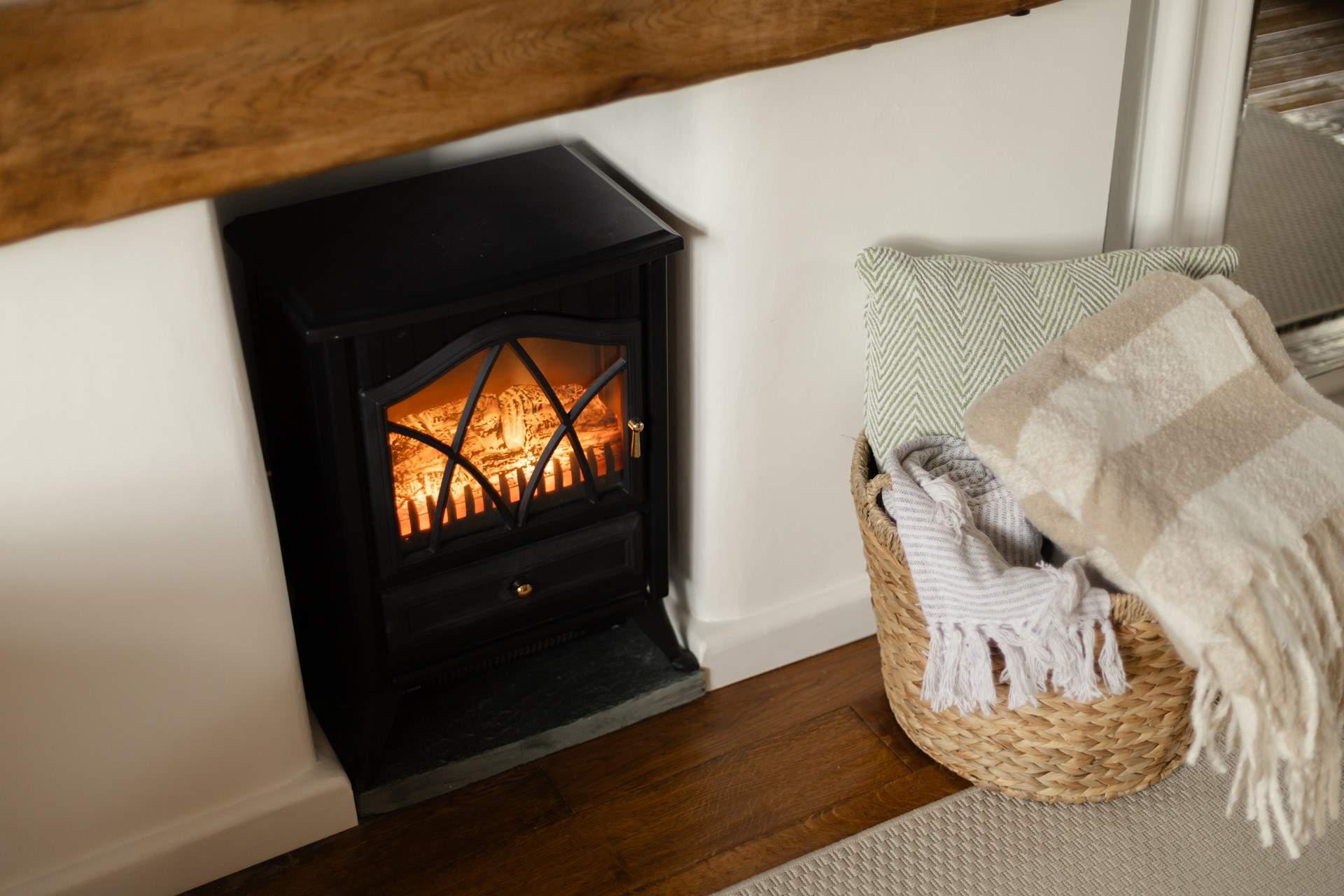 The electric wood-burner makes the cottage cosy all year round. 
