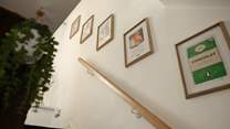 The staircase has quirky artwork.