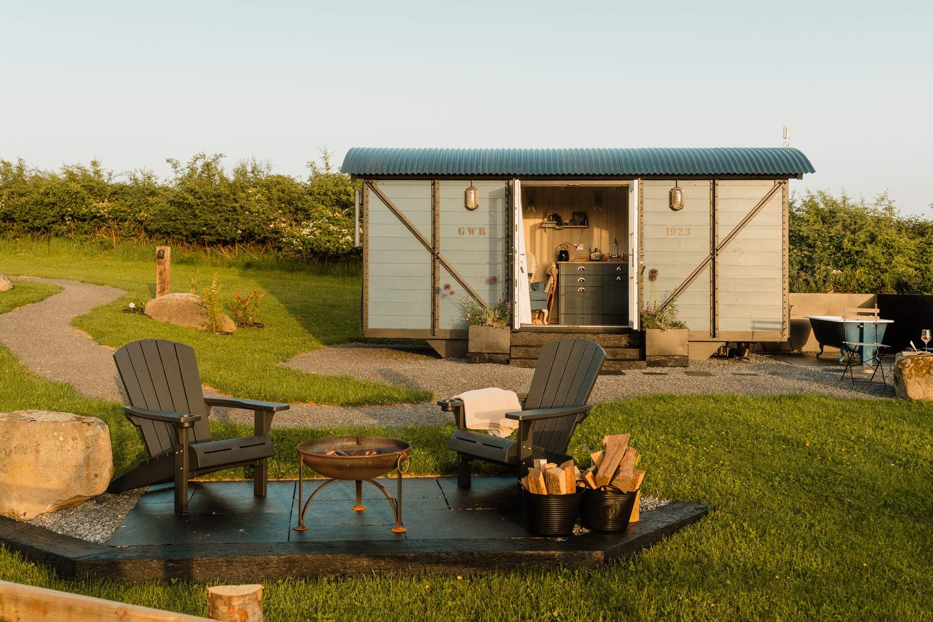 After a day spent exploring the beauty of mid Wales, return to unwind beside the fire pit.