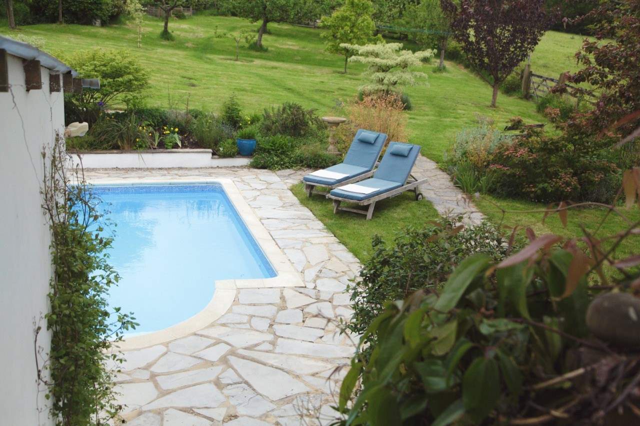 Looking down onto the pool area from your balcony.