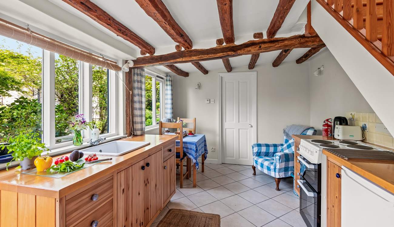 The kitchen is compact yet offers ample food preparation space.