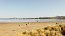 Endless golden sands at Blue Flag Poppit Sands, popular with families, windsurfers, swimmers and walkers, being the start of the world renowned Pembrokeshire Coast Path. It's known for its wildlife and star gazing, as a Dark Sky Discovery Site. 