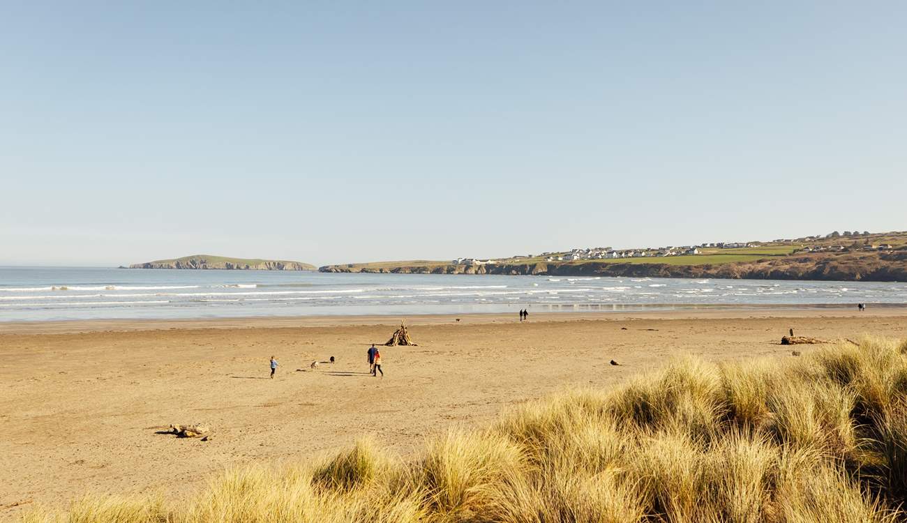 Endless golden sands at Blue Flag Poppit Sands, popular with families, windsurfers, swimmers and walkers, being the start of the world renowned Pembrokeshire Coast Path. It's known for its wildlife and star gazing, as a Dark Sky Discovery Site. 