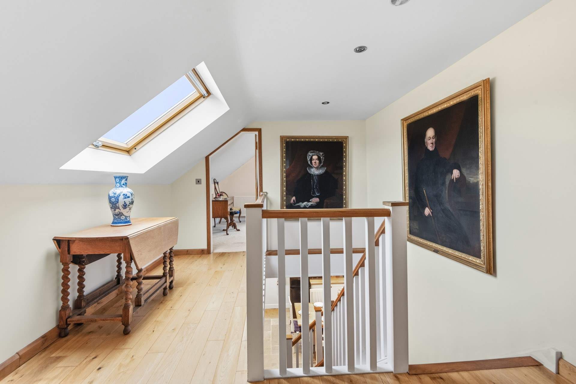 The first floor landing links the two bedrooms. A bedroom at each end of the hallway.