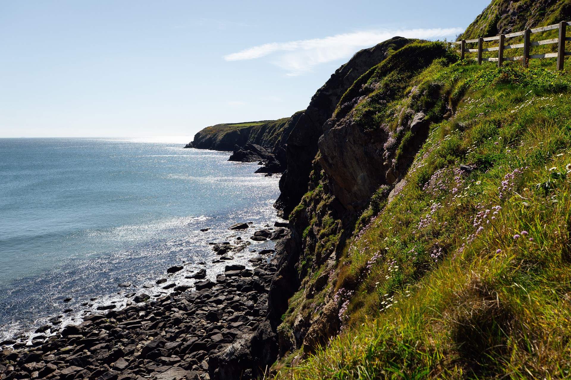 Explore the coast path to discover craggy coves and stretches of golden sands along the magnificent coast line. This section is above Caerfai. 