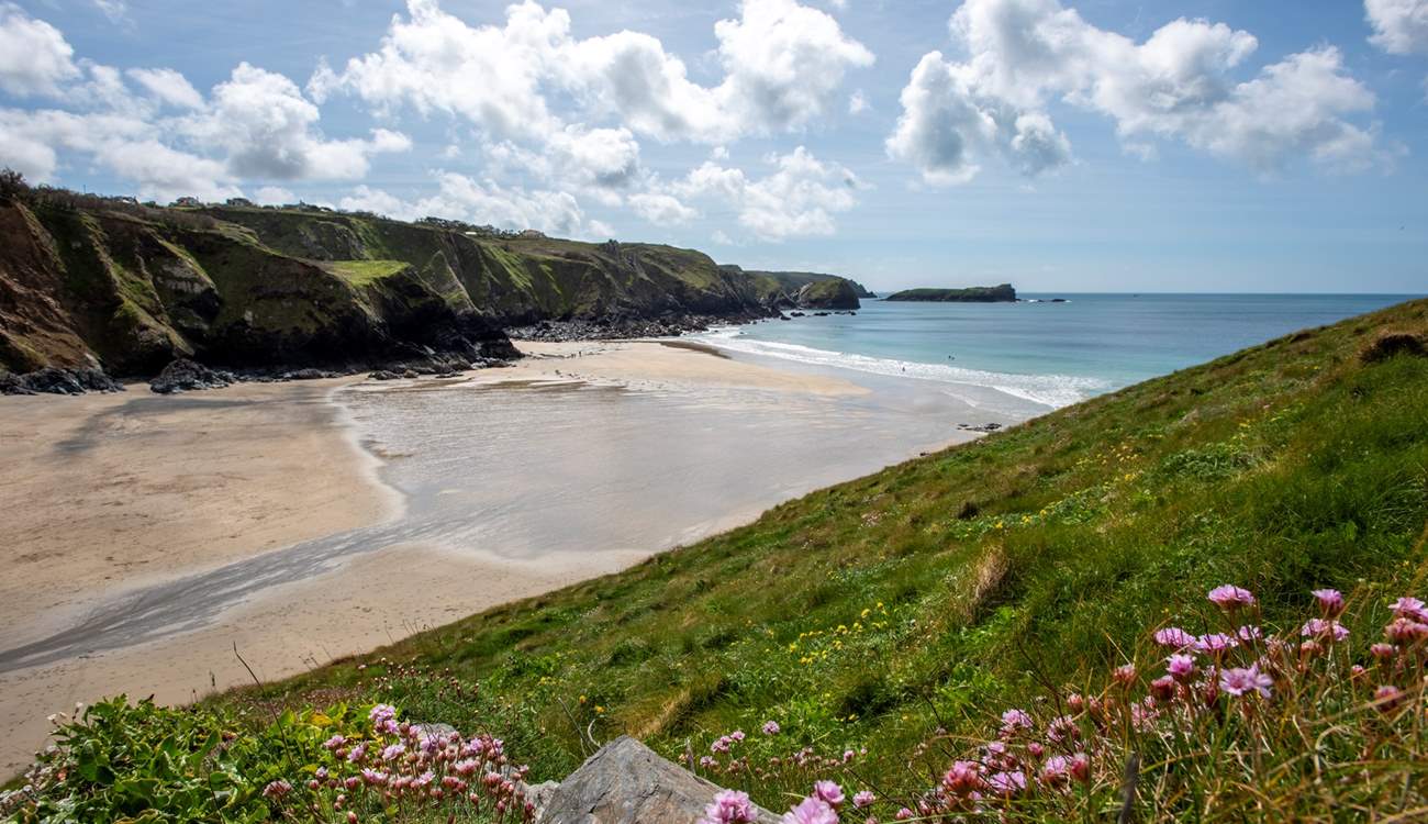 Stunning Polurrian beach at low tide is a five minute walk away.