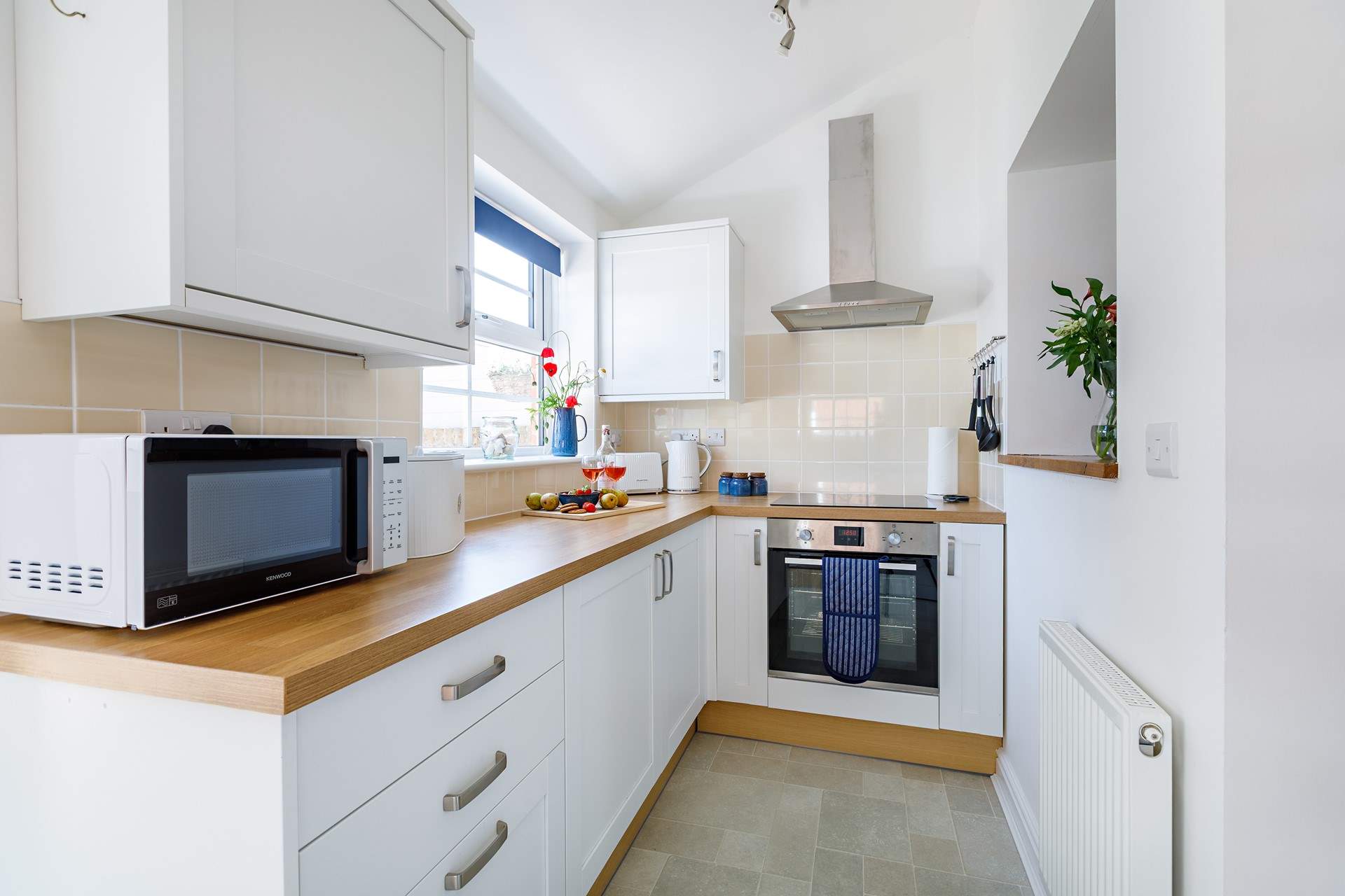 The kitchen area overlooks the patio garden. 