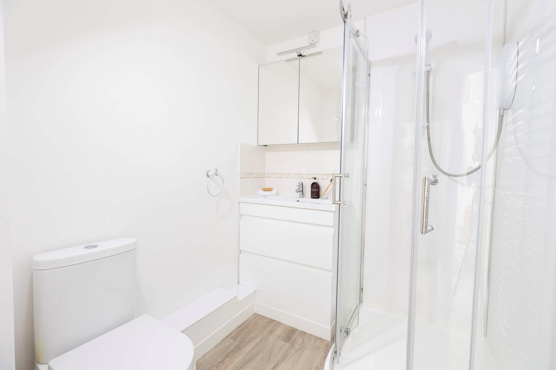 The shower-room is on the first floor with the two bedrooms. 