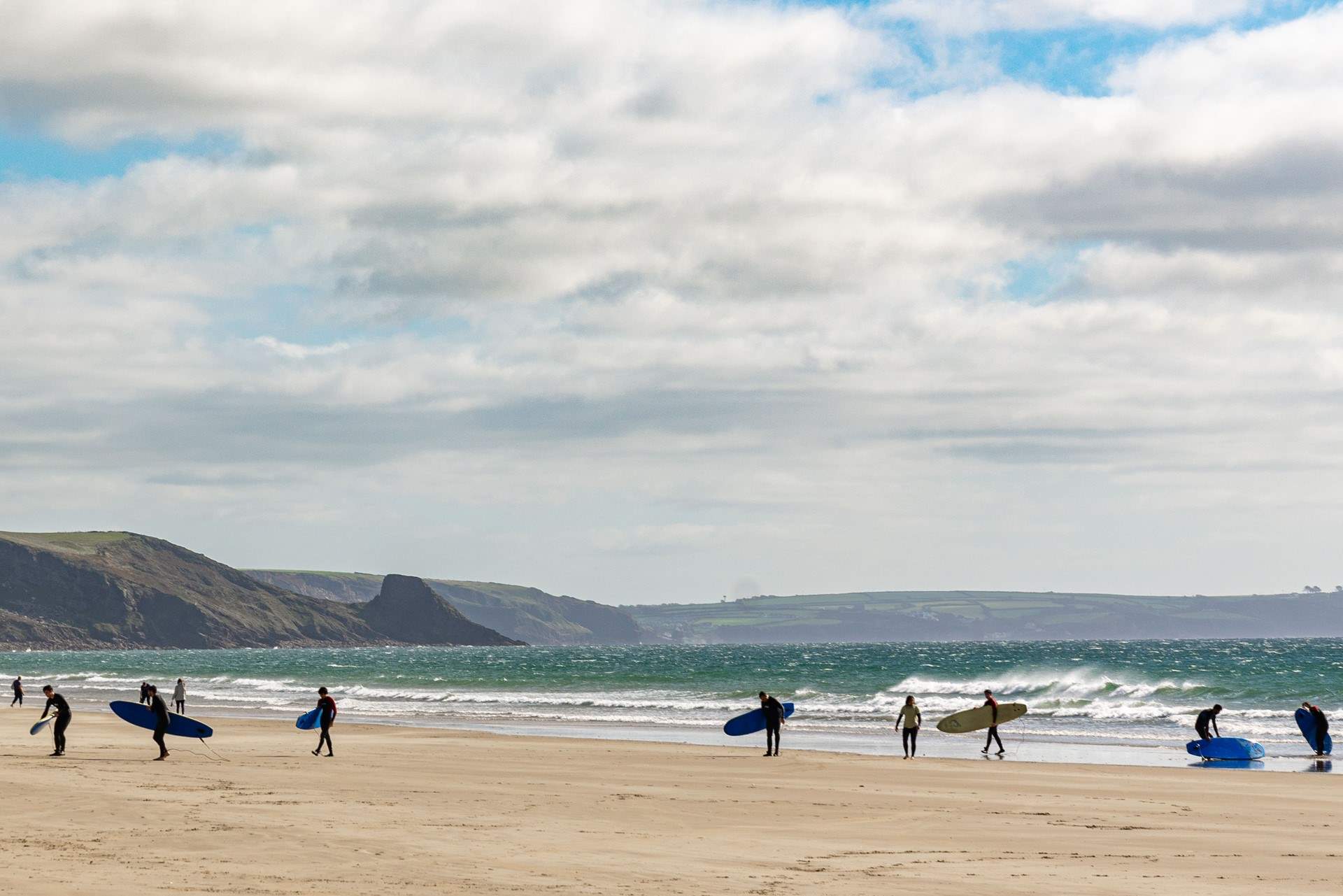 The rolling surf and endless golden sands at Newgale beach.