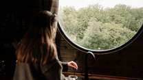Morning coffees are framed by trees and stillness through the large round window.
