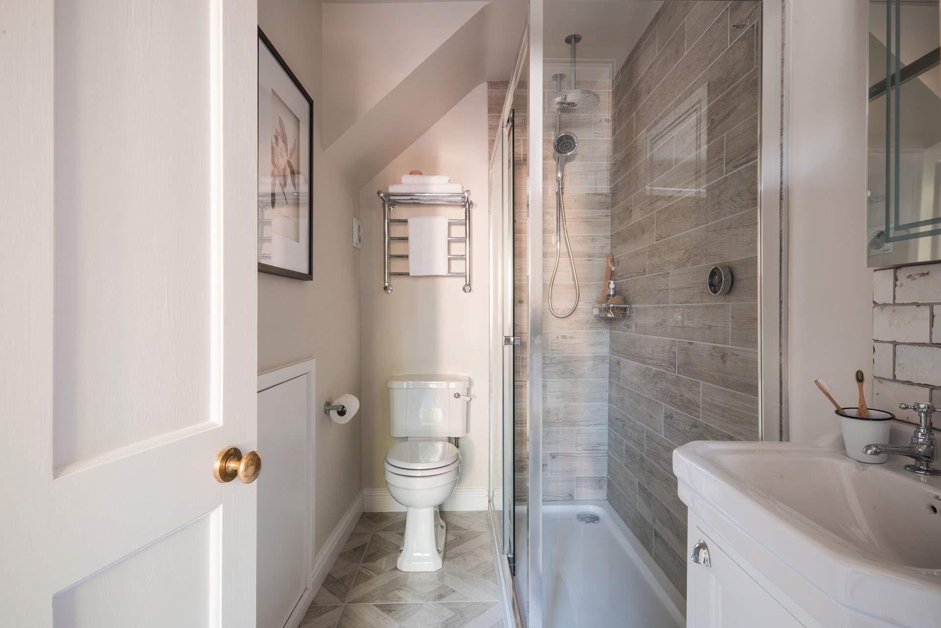 The shower-room is also decorated in neutral tones.