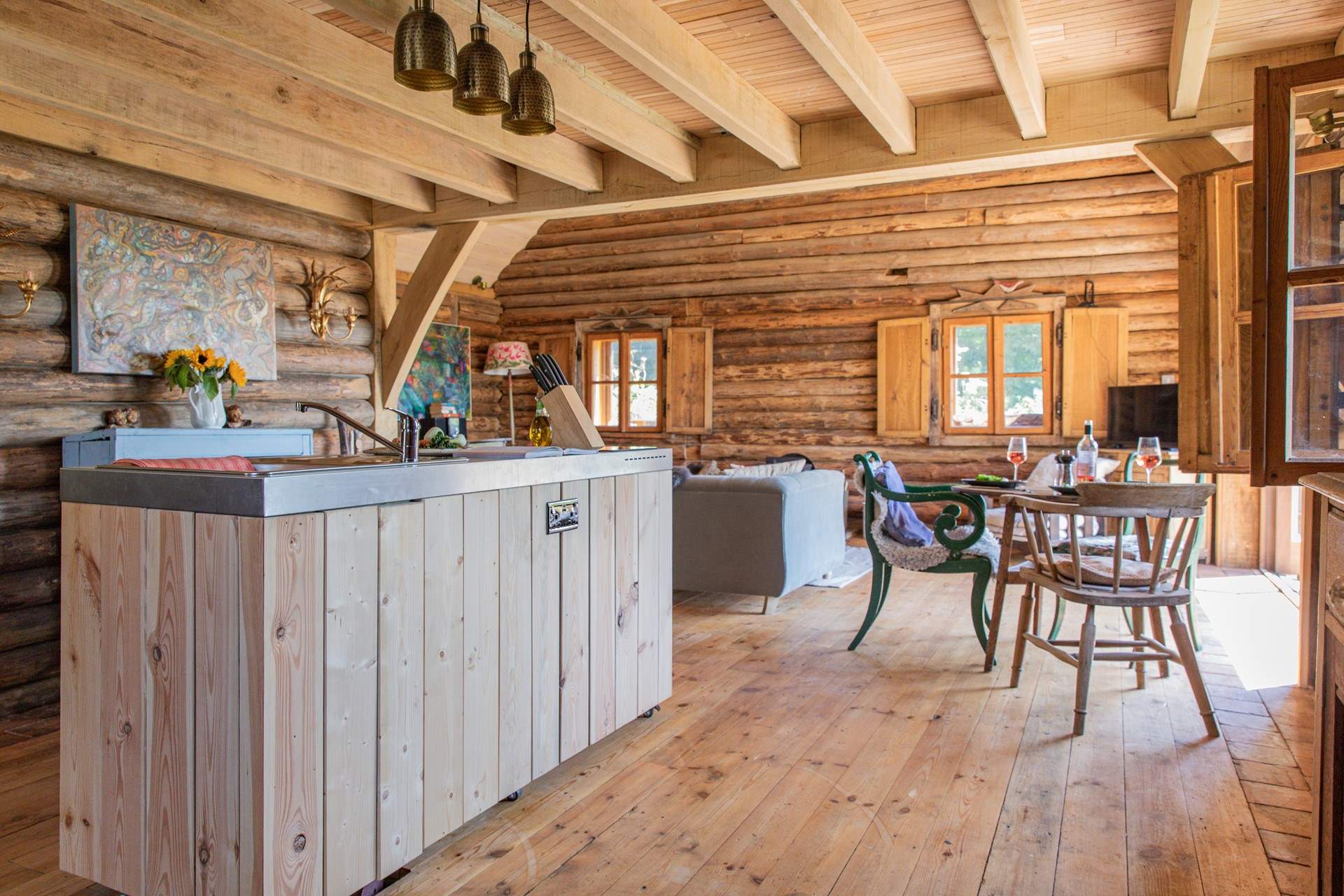 The free-standing kitchen is a sociable space.