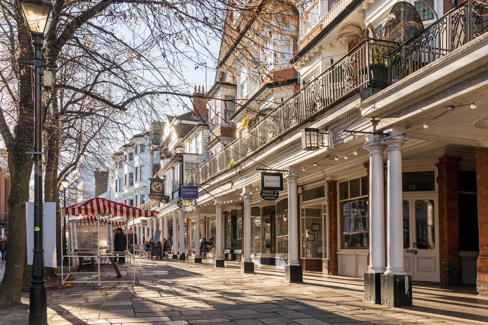 The Pantiles in Royal Tunbridge Wells featuring open air cafes, galleries and boutiques.