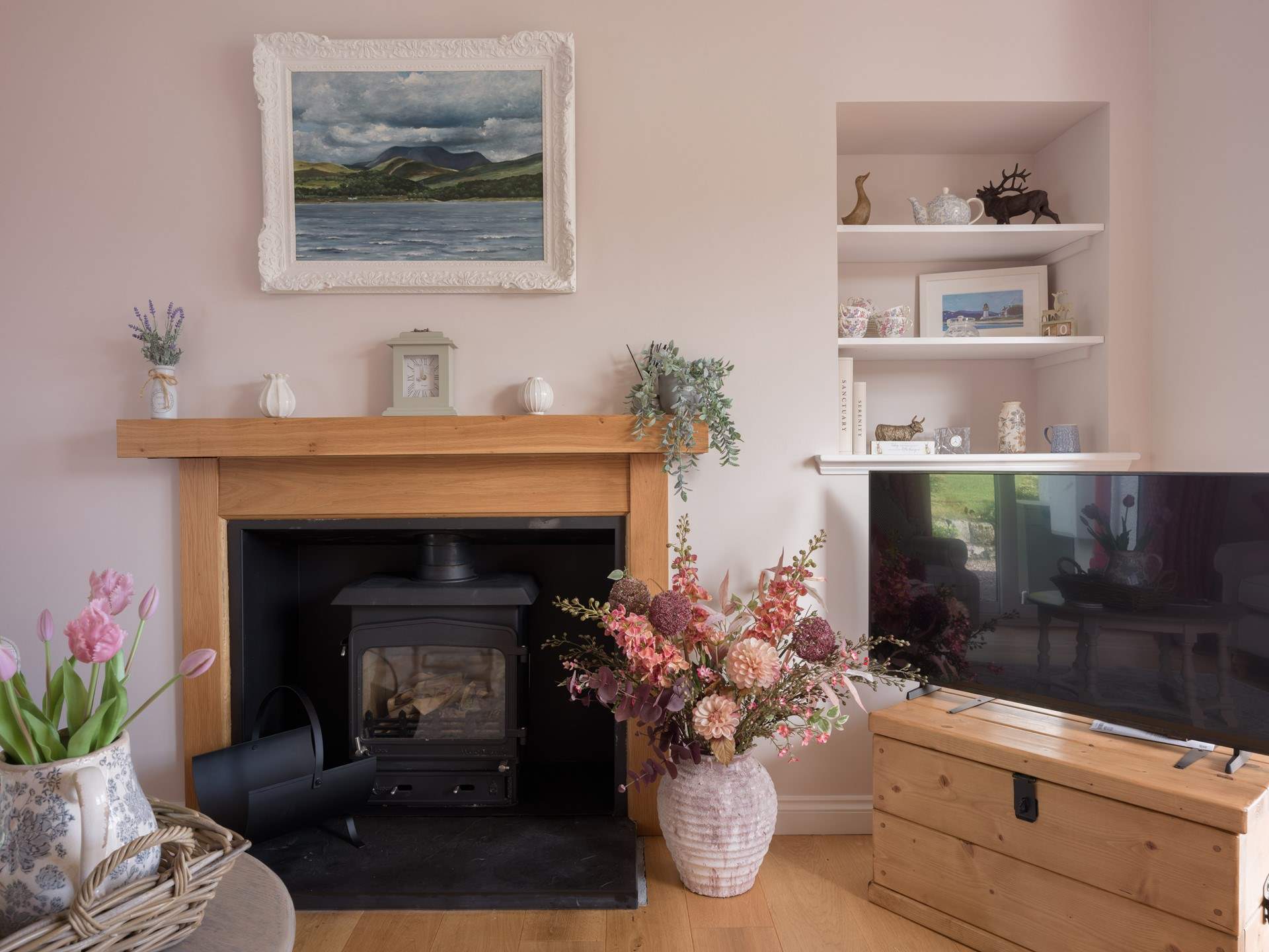 The ornamental fireplace.