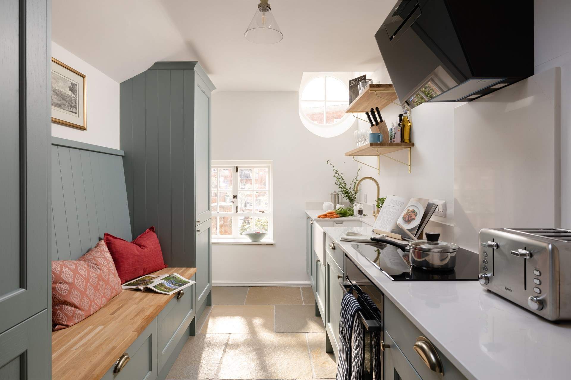 The kitchen is light and airy.