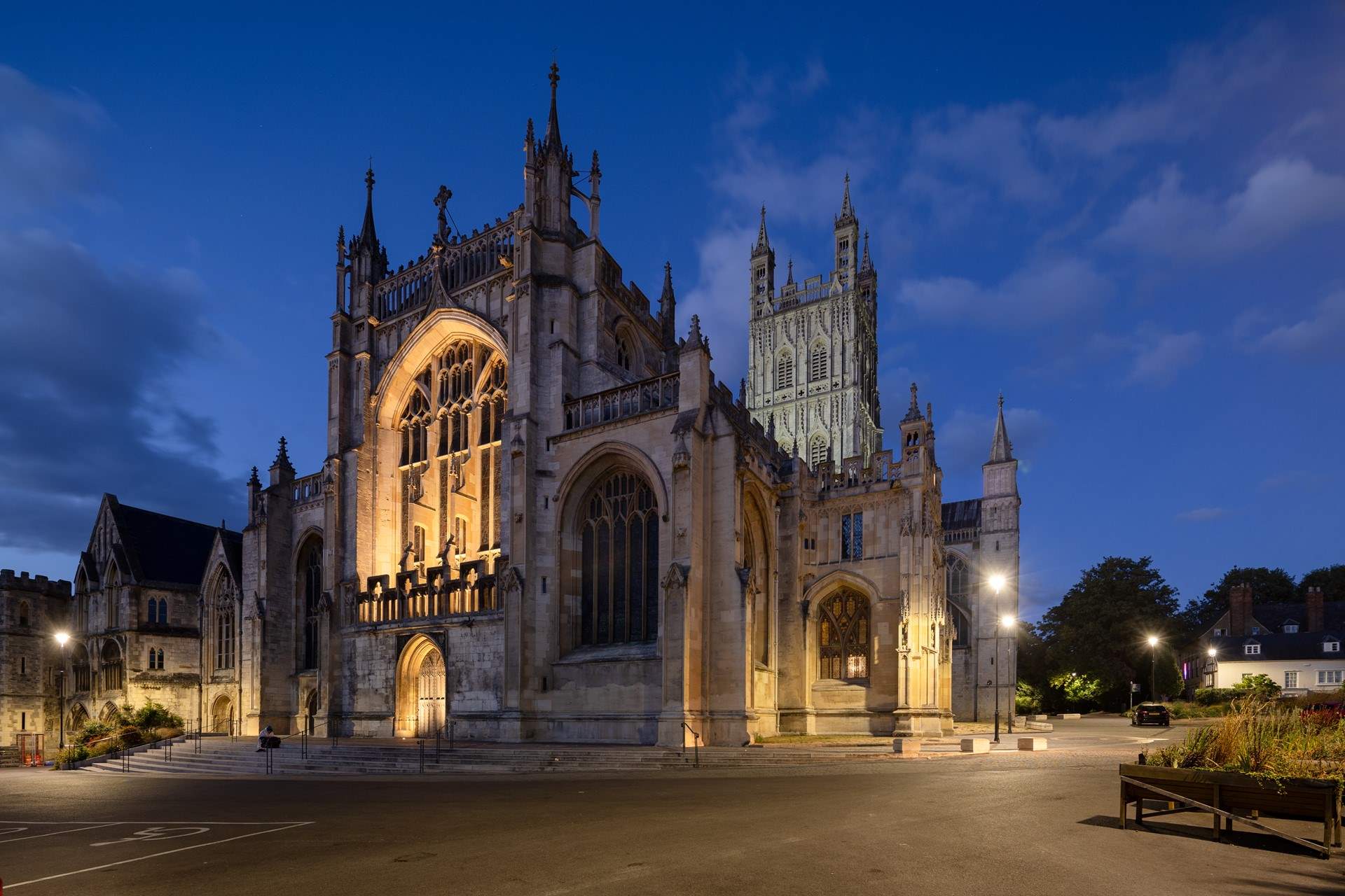 Majestic Gloucester Cathedral in the evening.